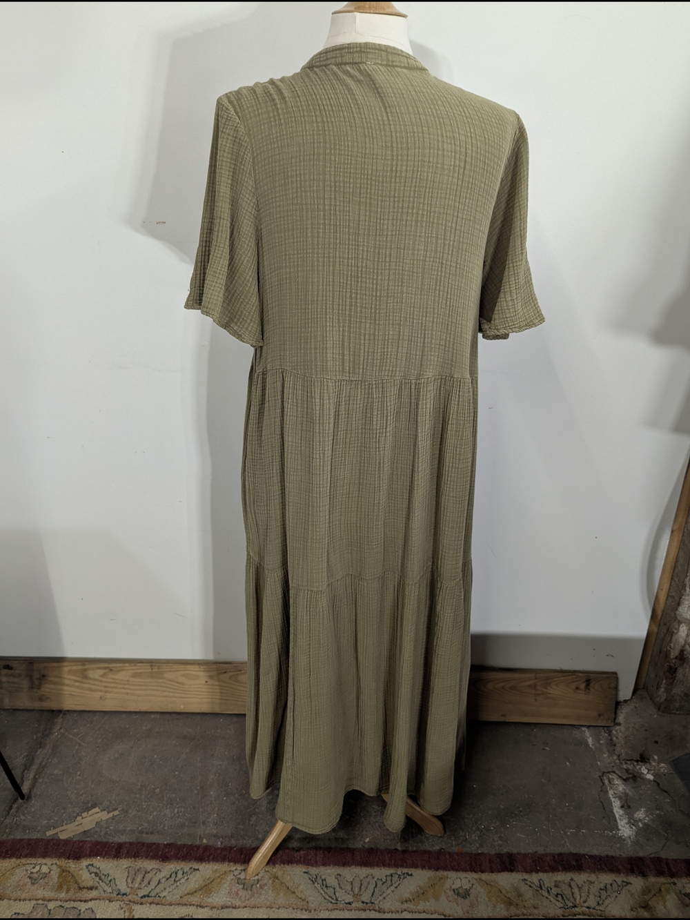 Anthropologie Olive Green Deep V-Neck Tiered Maxi Dress Cotton Gauze L - Picture 10 of 15